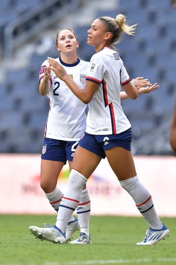  Trinity Rodman of USA celebrates with teammates after scoring her team's fifth goal during the match between Jamaica and United States as part of the 2022 Concacaf W Championship at BBVA Stadium, in Monterrey, Mexico, on July 07, 2022. (Azael Rodriguez/Getty Images)