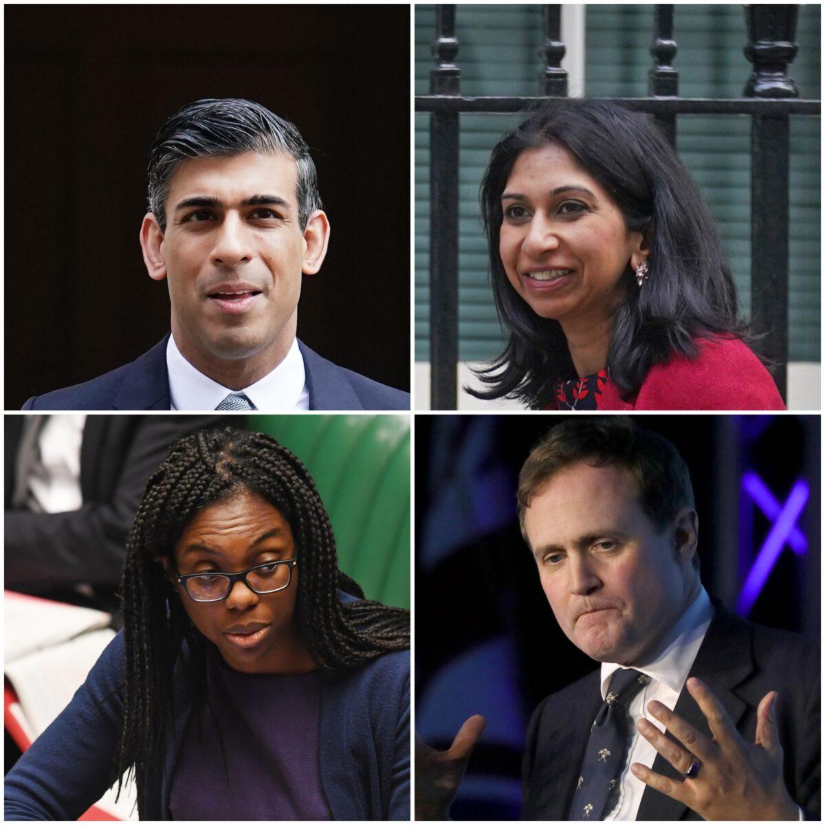 (Top to Bottom, Left to Right) Undated photos of Conservative Party leader candidates Rishi Sunak, Suella Braverman, Kemi Badenoch, and Tom Tugendhat. (Aaron Chown/Victoria Jones/UK Parliament/Jessica Taylor/Brian Lawless/PA Media)