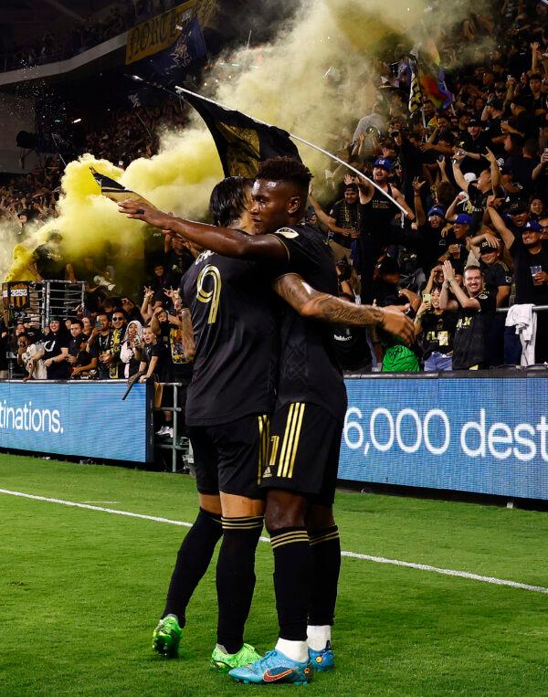 José Cifuentes #11 and Cristian Arango #9 of Los Angeles FC celebrate a goal against the Los Angeles Galaxy in the second half at Banc of California Stadium, in Los Angeles, on July 08, 2022. (Ronald Martinez/Getty Images)