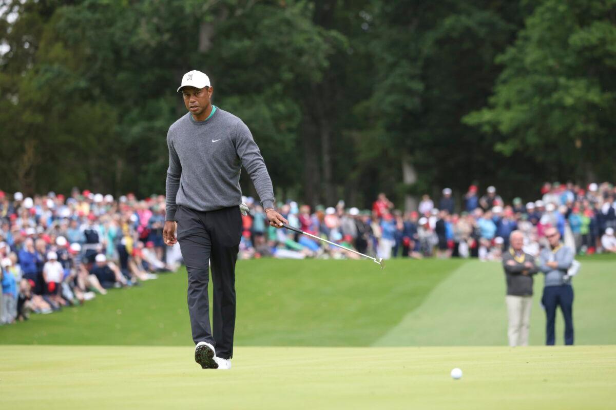 U.S golfer Tiger Woods putting on the 3rd green during the JP McManus Pro-Am at Adare Manor, Ireland, on July, 5, 2022. (Peter Morrison/AP Photo)