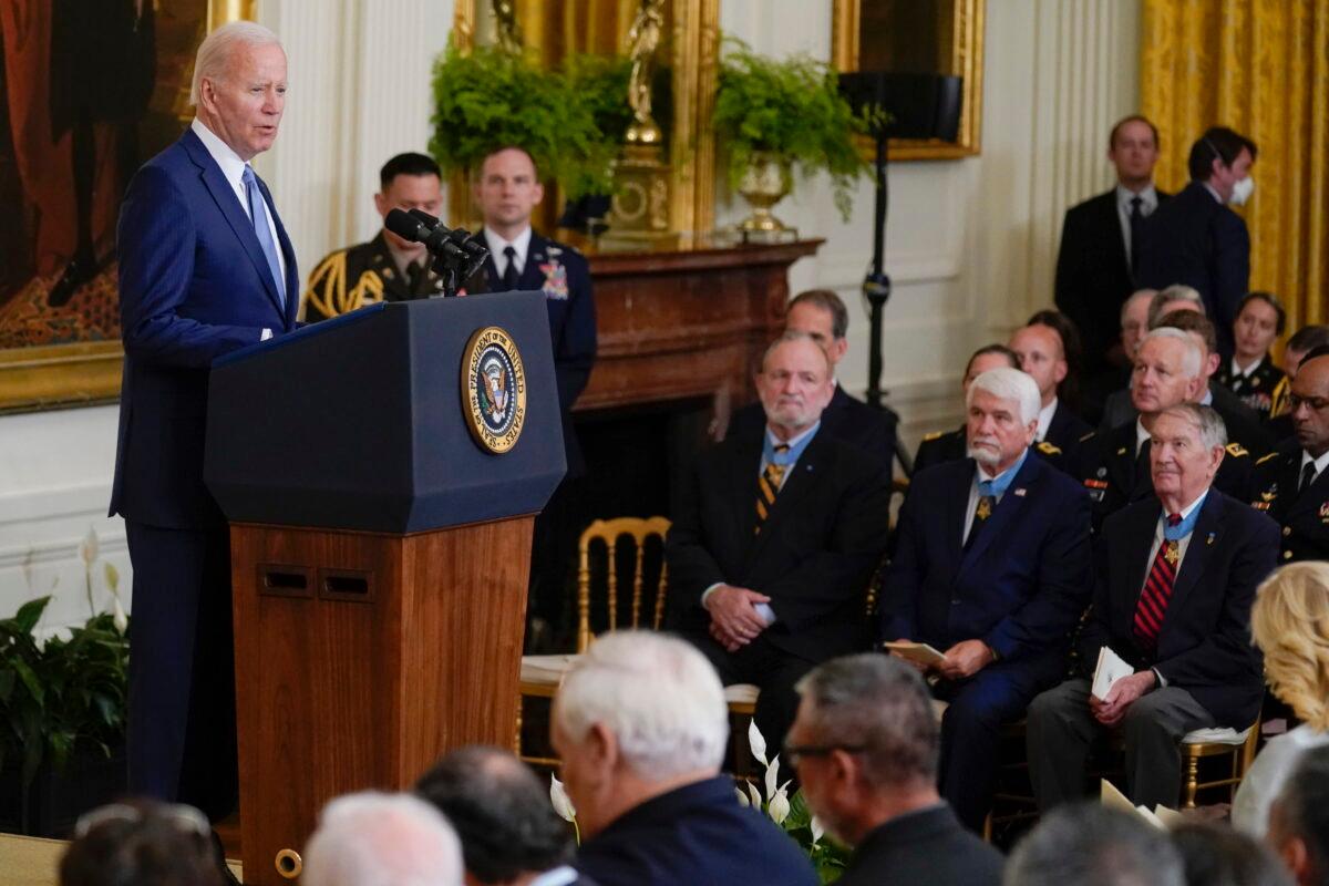 President Joe Biden speaks during a Medal of Honor ceremony in the East Room of the White House on July 5, 2022. (Evan Vucci/AP Photo)