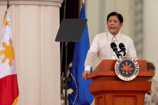 Philippine President Ferdinand Marcos Jr. delivers a speech during his inauguration ceremony at the National Museum in Manila, Philippines, on June 30, 2022. (Eloisa Lopez/Reuters)