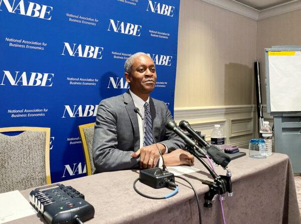 Federal Reserve Bank of Atlanta President Raphael Bostic speaks to reporters at the National Association of Business Economics' annual policy meeting in Washington on March 21, 2022. (Ann Saphir/Reuters)