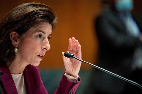 Commerce Secretary Gina Raimondo testifies before the Senate Appropriations Subcommittee on Commerce, Justice, Science, and Related Agencies during a hearing on expanding broadband access on Capitol Hill in Washington on Feb. 1, 2022. (Sarah Silbiger/Pool via Reuters)
