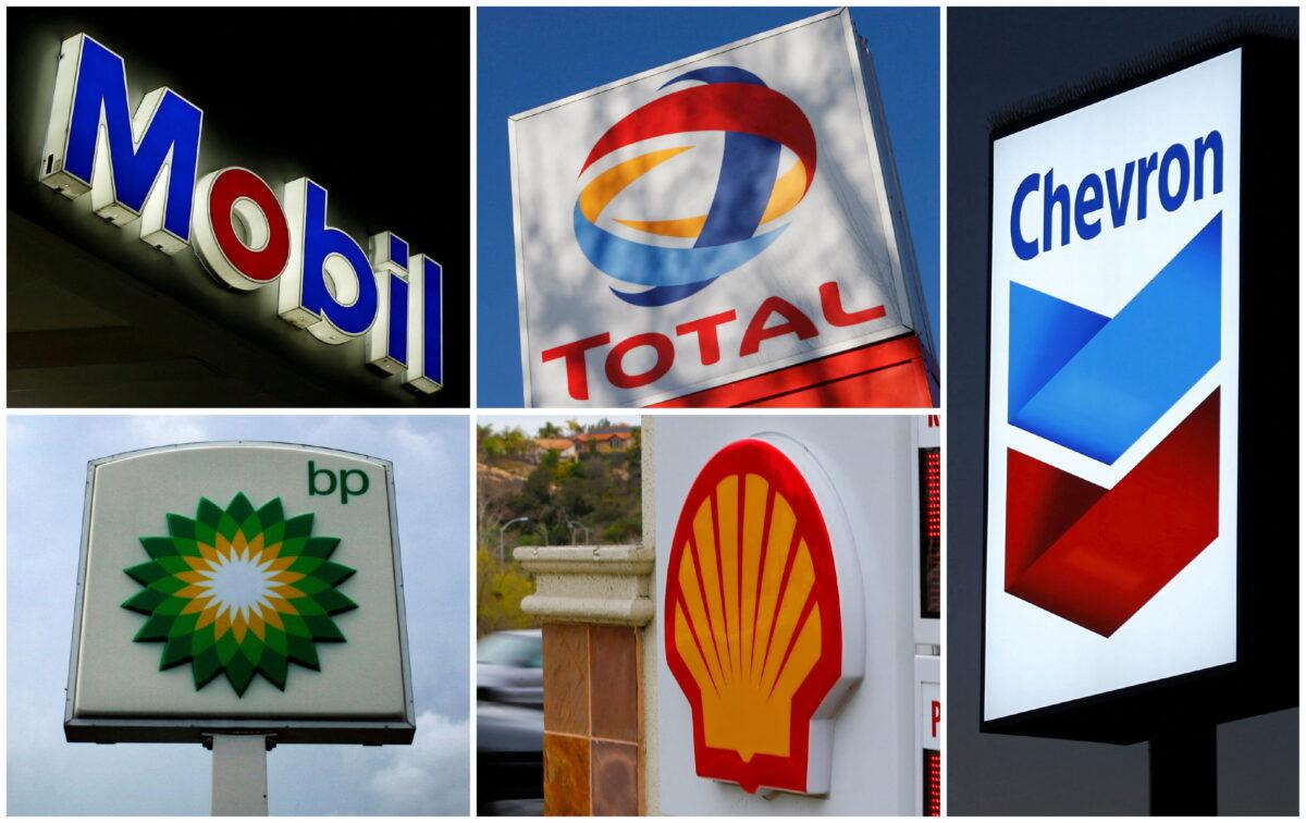 A combination of file photos shows the logos of five of the largest publicly traded oil companies: BP, Chevron, ExxonMobil, Shell, and TotalEnergies. (File Photo/Reuters)
