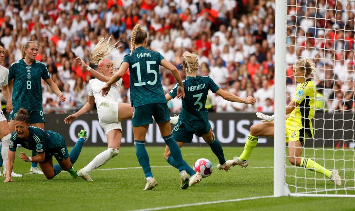 England's Chloe Kelly scores their second goal at the Women's Euro 2022 final at Wembley Stadium in London on July 31, 2022. (John Sibley/Reuters)