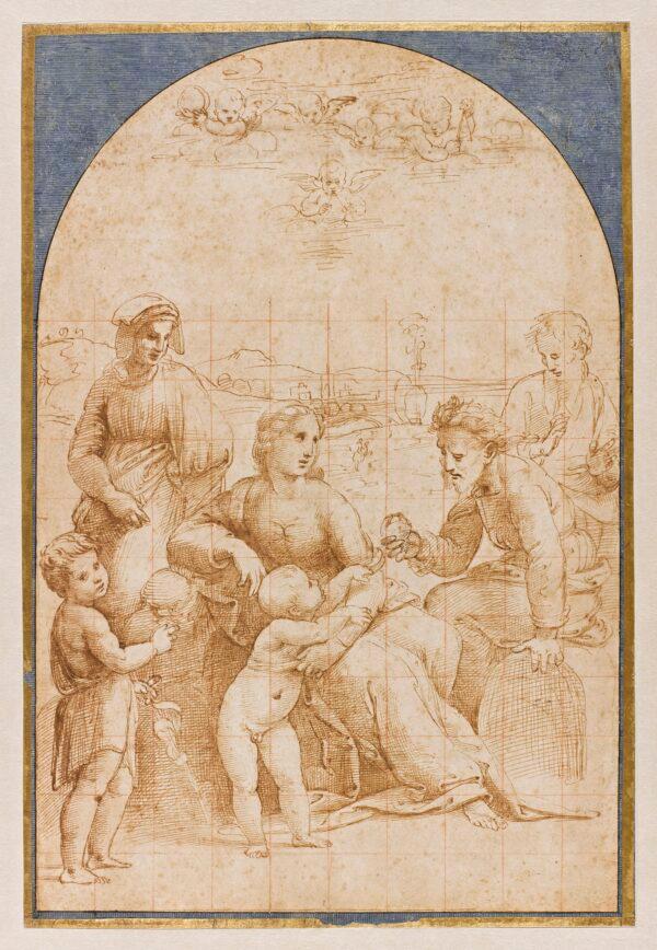 “The Holy Family With a Pomegranate,” circa 1507–8, by Raphael. Pen and ink over traces of black chalk and stylus indentation with squaring in red chalk; 14 1/2 inches by 9 3/4 inches. Palais des Beaux-Arts de Lille, France. (Jean-Marie Dautel/Palais des Beaux-Arts de Lille)