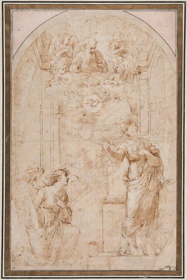 “The Annunciation,” circa 1506, by Raphael. Pen and brown ink over black chalk, with an old repair, bottom right; 12 3/4 inches by 9 1/4 inches. National Museum, Stockholm. (Cecilia Heisser/National Museum)