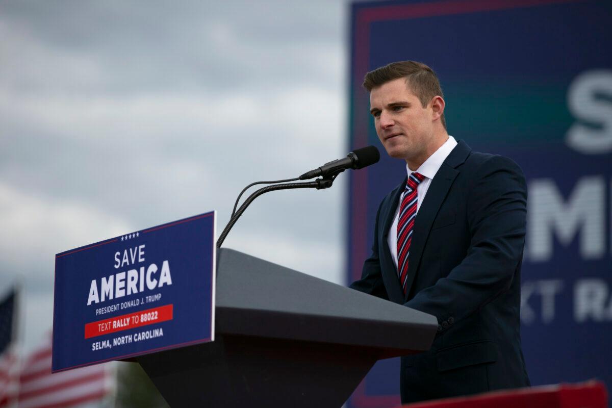 Bo Hines, Republican nominee for the 13th Congressional District, speaks at a Trump rally in Selma, N.C., in April 2022. (Allison Joyce/Getty Images)