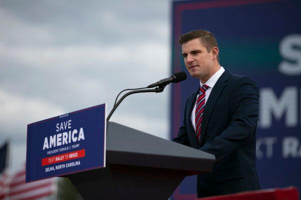 Bo Hines, Republican nominee for North Carolina's 13th Congressional District, is running against State Sen. Wiley Nickel in a race many will be watching on election night. Here he speaks at a rally for former U.S. President Donald Trump on April 9, 2022 in Selma, N.C. (Photo by Allison Joyce/Getty Images)