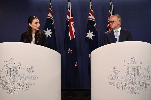 New Zealand Prime Minister Jacinda Ardern (L) and Australian Prime Minister Anthony Albanese attend a joint press conference at the Commonwealth Parliamentary Offices in Sydney, Australia, on July 8, 2022. (Steven Saphore/AFP via Getty Images)