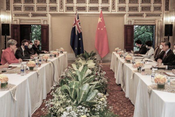 Australia's Foreign Minister Penny Wong (L) speaks with China's Foreign Minister Wang Yi (R) during their bilateral meeting on the sidelines of G20 Foreign Ministers Meeting in Nusa Dua on Indonesia's resort island of Bali on July 8, 2022. (Johannes P. Christo/POOL/AFP via Getty Images)