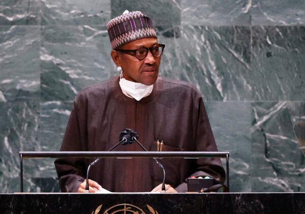 Nigeria's President Muhammadu Buhari addresses the 76th Session of the U.N. General Assembly at U.N. headquarters in New York on Sept. 24, 2021. (John Angelillo/Getty Images)