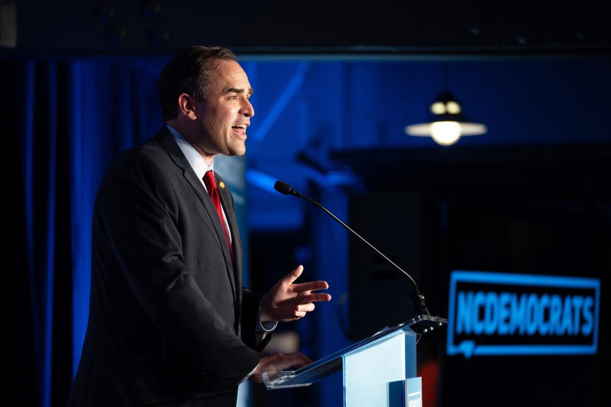 Wiley Nickel, Democratic nominee for North Carolina's 13th Congressional District, speaks in Raleigh after winning his primary on May 17. (Sean Rayford/Getty Images)