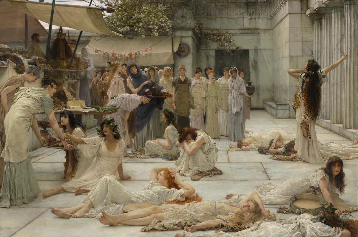 Even public courtyards could be used for sleeping. "The Women of Amphissa," 1887, by Lawrence Alma-Tadema. Oil on canvas. Clark Art Institute, Williamstown, Mass. (Public Domain)