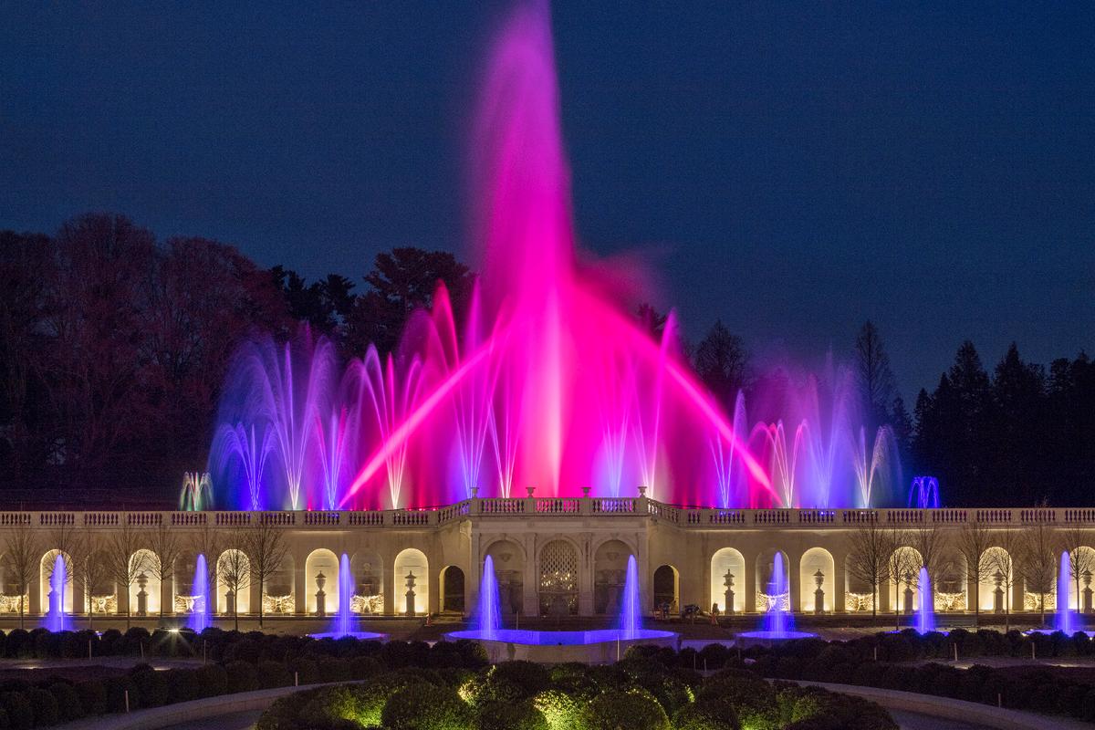 One of the attractions at Longwood Gardens in Wilmington, Delaware, is colorful fountains set to music. (Photo courtesy of S. Markey.)