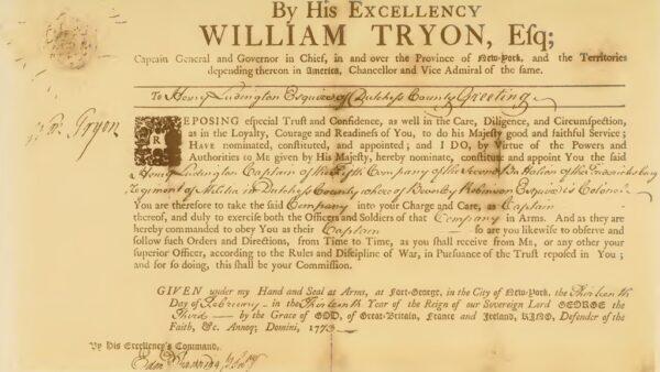 A document notes Henry Ludington’s promotion to Captain in 1773 by the New York Royal Governor, William Tryon. (Public Domain)