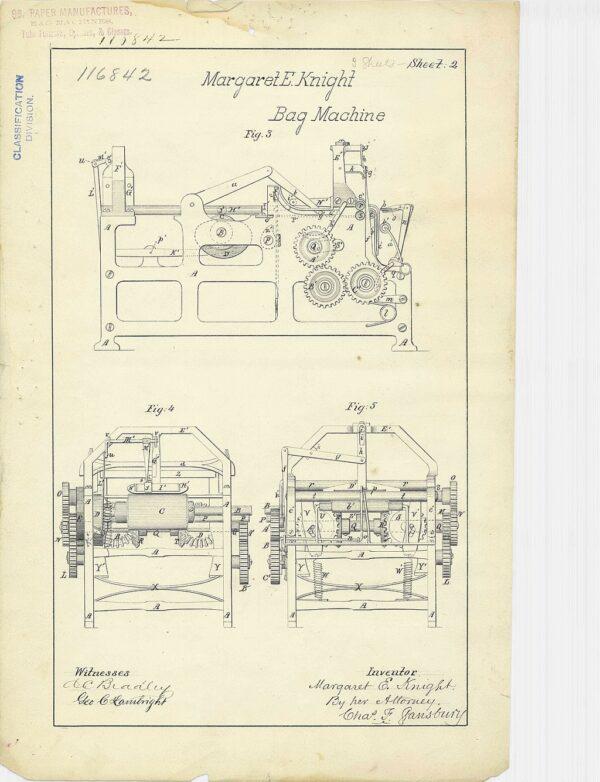 A patent drawing of Knight’s paper bag machine. (Public Domain)