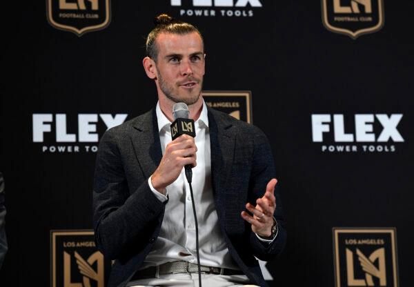 Forward Gareth Bale speaks to during a news conference after he was introduced by the Los Angeles Football Club at Banc of California Stadium, in Los Angeles, on July 11, 2022. (Kevork Djansezian/Getty Images)