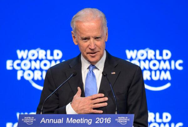 Then-U.S. Vice President Joe Biden gestures during his speech at the World Economic Forum (WEF) annual meeting in Davos, on Jan. 20, 2016. (Fabrice Coffrini/AFP via Getty Images)
