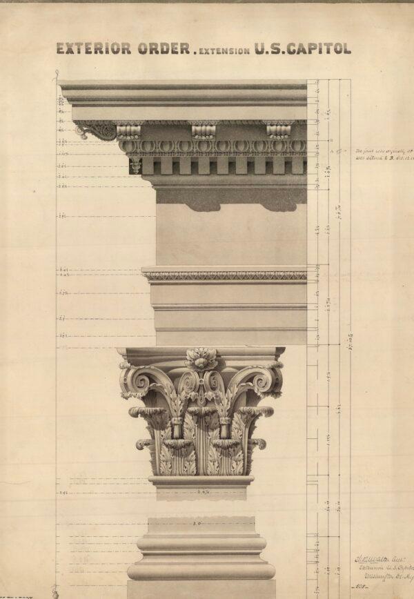 The design for the Corinthian columns by Thomas U. Walter, 1859. Pen, ink, and watercolor. (Architect of the Capitol)
