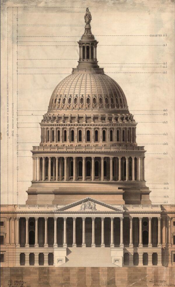 A drawing of the dome with elevation markers by Thomas U. Walter, 1859. Pen, ink, and watercolor. (Architect of the Capitol)