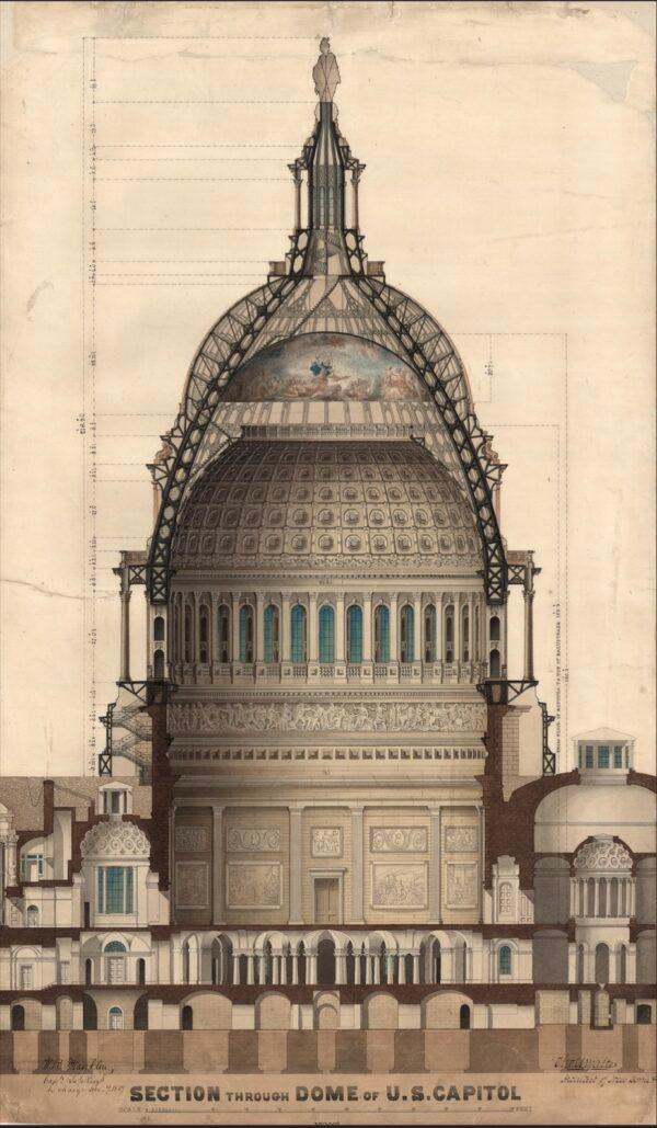 Cross section of the revised dome design for the Capitol building by Thomas U. Walter, 1859. Pen, ink, and watercolor. (Architect of the Capitol)