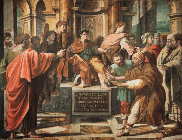 "The Conversion of the Proconsul," 1515, by Raphael. Cartoon for tapestry in bodycolor over charcoal on many sheets of paper, mounted on canvas; 12.6 feet by 14.5 feet. Royal Collection. Victoria and Albert Museum. (Public Domain)