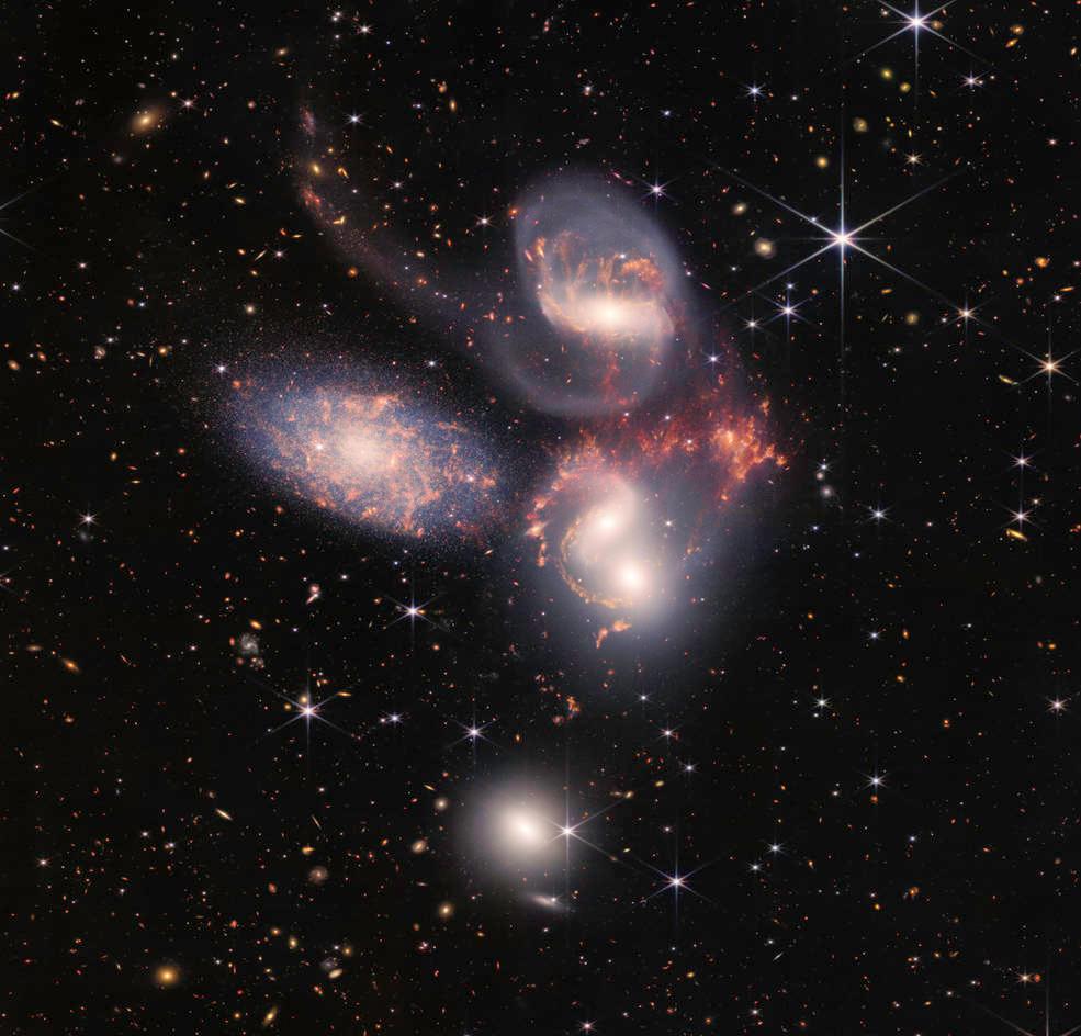 An image from the NASA's James Webb Space Telescope shows Stephan’s Quintet, a visual grouping of five galaxies. (NASA, ESA, CSA, and STScI)