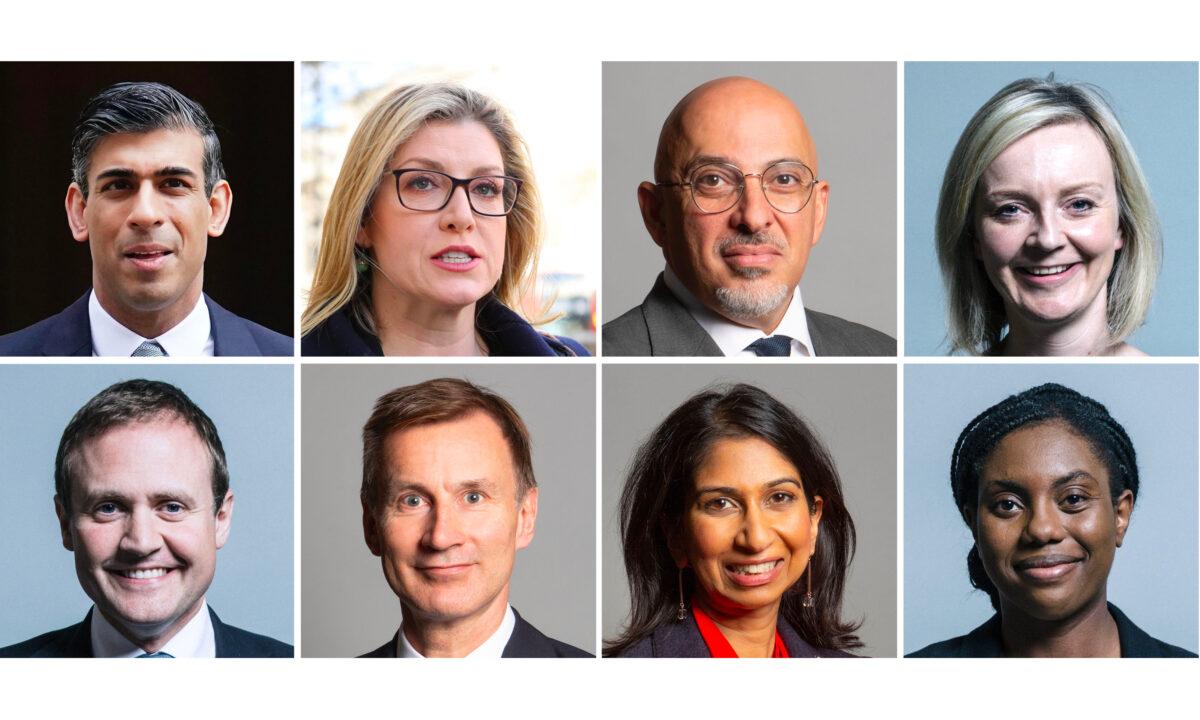 UK Parliament handout photos of the eight candidates in the Conservative Party leadership race going into Wednesday's vote, (Top, L-R), Rishi Sunak, Penny Mordaunt, Nadhim Zahawi, and Liz Truss, (Bottom, L-R) Tom Tugendhat, Jeremy Hunt, Suella Braverman, and Kemi Badenoch. (UK Parliament/PA Media)
