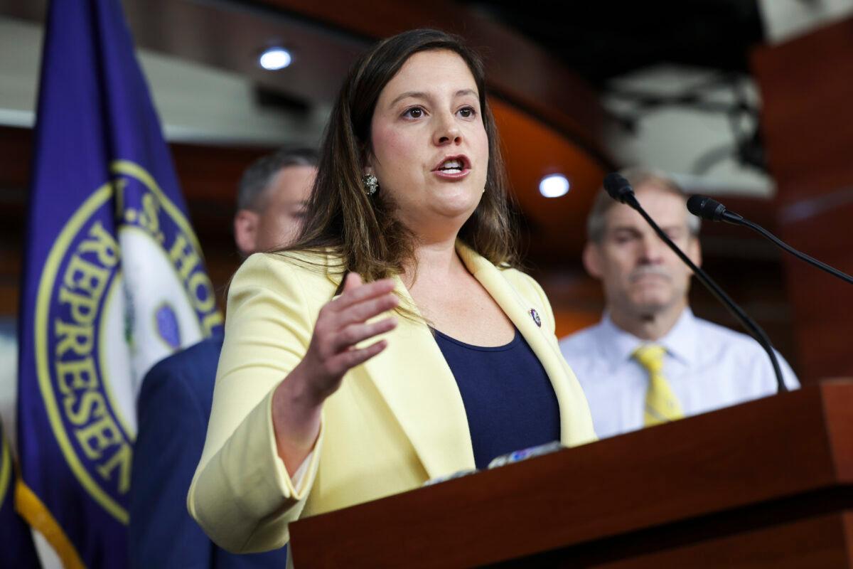 House Republican Conference Chair Elise Stefanik (R-N.Y.) speaks at a press conference following a Republican caucus meeting, at the U.S. Capitol in Washington, on June 8, 2022. (Kevin Dietsch/Getty Images)