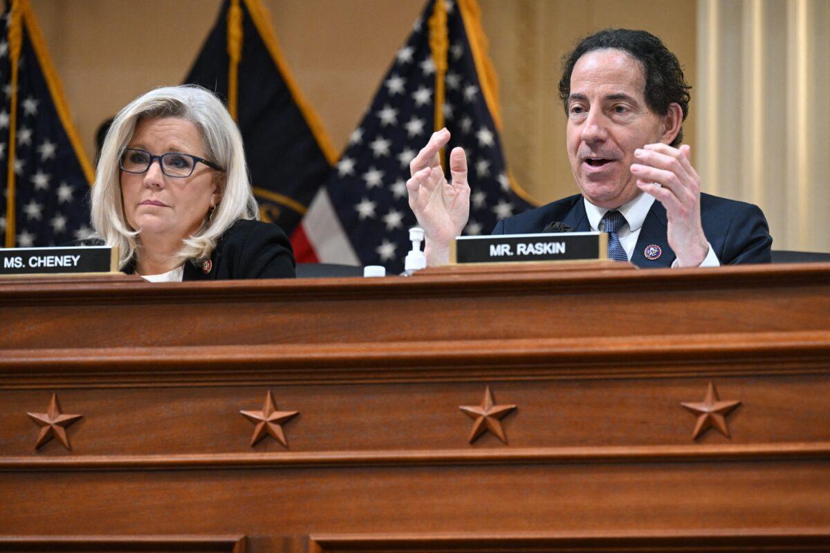 Rep. Jamie Raskin (D-Md.), with Rep. Liz Cheney (R-Wyo.), speaks during a Jan. 6 committee hearing on Capitol Hill in Washington on July 12, 2022. (Saul Loeb/AFP via Getty Images)