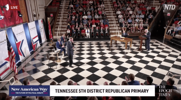 Tres Wittum (right), Andy Ogles (center) and Jeff Beierlein (left) appeared at Tennessee 5th Congressional District debate on July 12. (Screenshot/EpochTV)