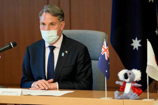 Australian Deputy Prime Minister and Defense Minister Richard Marles and Japanese Defense Minister Nobuo Kishi (not pictured) attend a joint press conference at the Ministry of Defense in Tokyo on June 15, 2022. (Shuji Kajiyama/Pool/AFP via Getty Images)