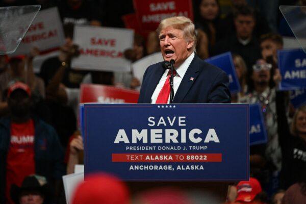 Former U.S. President Donald Trump speaks during a "Save America" in Anchorage, Alaska, on July 9, 2022. (Patrick T. Fallon/AFP via Getty Images)