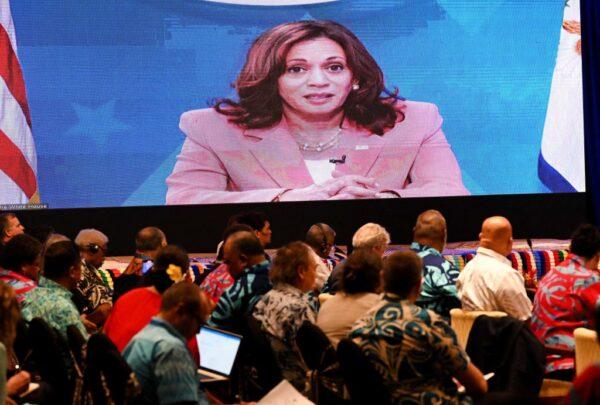 U.S. Vice-President Kamala Harris speaks via video link to the Pacific Islands Forum in Suva, Fiji, on July 13, 2022. (William West/AFP via Getty Images)