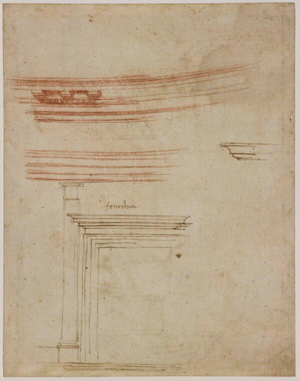 Sketches of the main order entablature and attic order window and pilaster in the Pantheon interior (verso), circa 1515, by Raphael; 9 3/8 inches by 7 3/8 inches. RIBA Collections/Burlington-Devonshire Collection. (RIBA Collections)