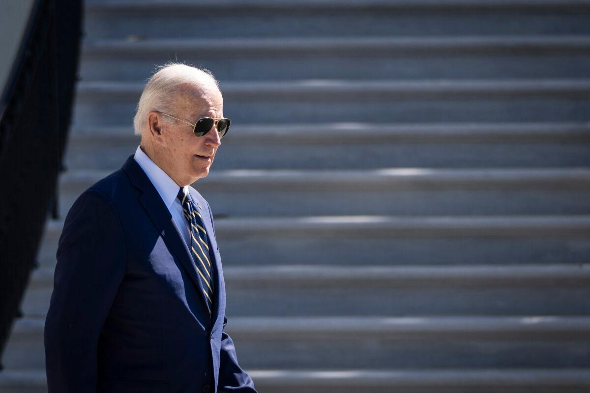 President Joe Biden exits the White House and walks to Marine One on the South Lawn, in Washington, D.C., on May 11, 2022. (Drew Angerer/Getty Images)