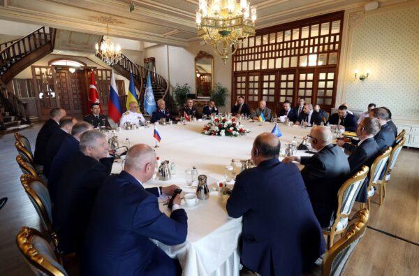 Russian, Ukrainian, and Turkish military delegations meet with U.N. officials in Istanbul, Turkey, on July 13, 2022. (Turkish Defence Ministry/Handout via Reuters)