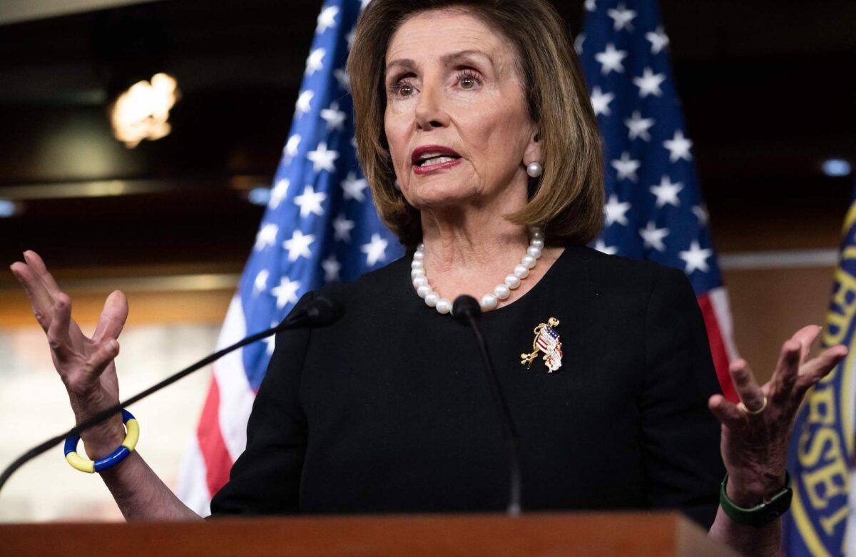 House Speaker Nancy Pelosi (D-Calif.) speaks during her weekly press briefing on Capitol Hill in Washington on July 14, 2022. (Saul Loeb/AFP via Getty Images)