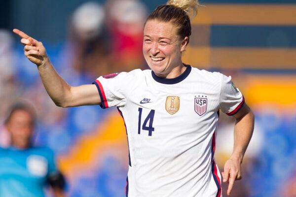 US' Emily Sonnett celebrates after scoring against Costa Rica during the 2022 Concacaf Women's Championship football match at the Universitario stadium, in Monterrey, Mexico, on July 14, 2022. (Julio Cesar Aguilar/Getty Images)