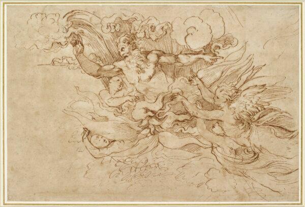 "Study for God the Father Appearing to Moses," circa 1513–4, by Raphael. Pen and brown ink, possibly over minimal stylus indications; 10 5/8 inches by 15 3/4 inches. Presented by a body of subscribers, 1846, The Ashmolean Museum, University of Oxford. (The Ashmolean Museum, University of Oxford)