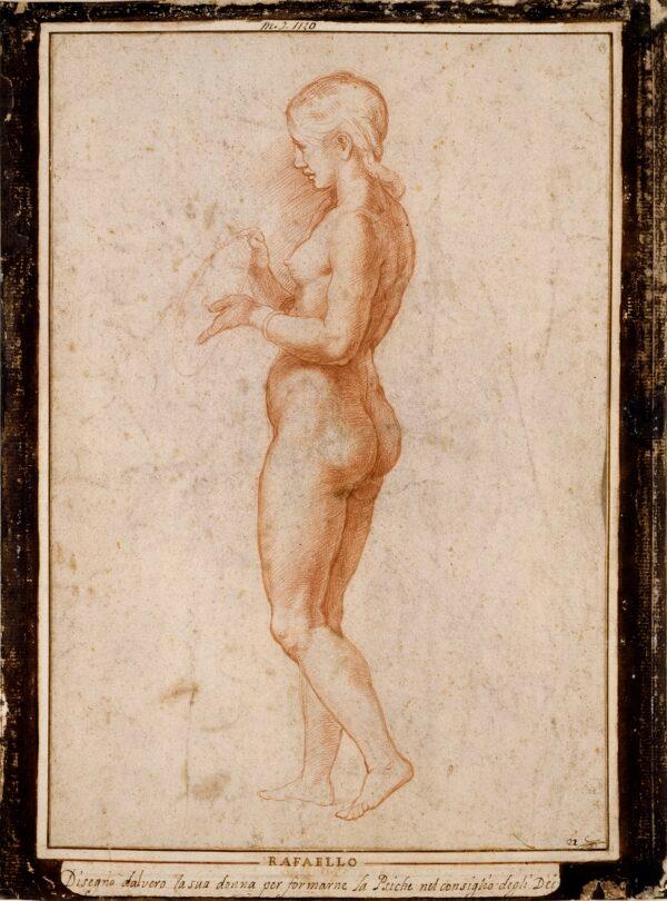 "Standing Female Nude," circa 1517–18, by Raphael. Red chalk over stylus indentation; 14 1/4 inches by 10 inches. Department of Graphic Arts, Musée du Louvre, Paris. (Jean-Gilles Berizzi/RMN-Grand Palais (Musée du Louvre))