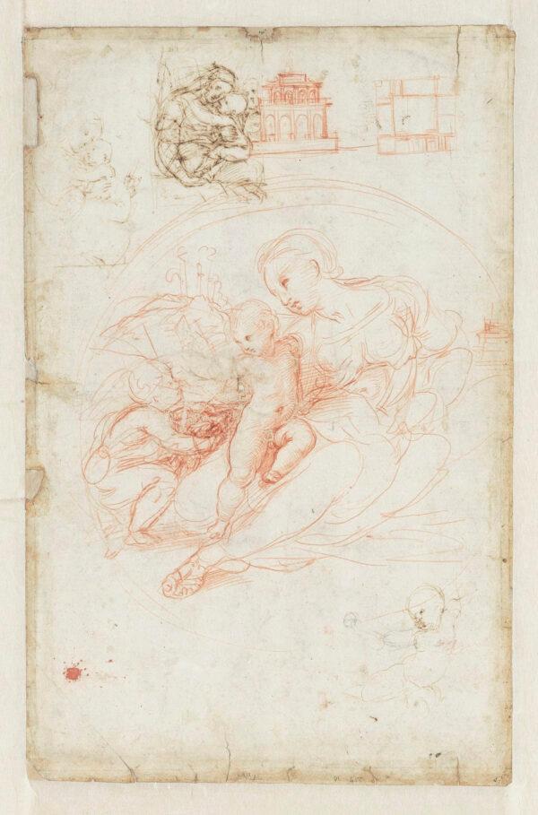  "Studies for 'The Alba Madonna' and Other Sketches," circa 1509–11, by Raphael. Red chalk, pen and brown ink and black chalk (recto); 16 3/4 inches by 10 7/8 inches. Palais des Beaux-Arts de Lille, France. (Jean-Marie Dautel/Palais des Beaux-Arts de Lille)