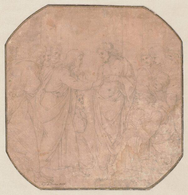 "The Incredulity of St.Thomas," 1510–11, by Raphael. Silverpoint on pink prepared paper, retraced with a stylus by another hand, contours and interior details retraced with the point of the brush and light gray ink; 8 inches by 7 3/4 inches. Städel Museum, Frankfurt. (ARTOTHEK/Städel Museum)