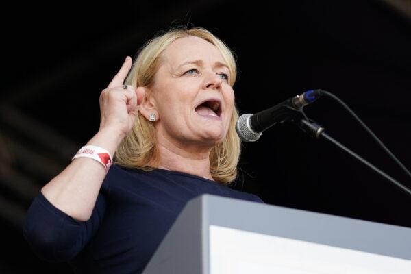 Sharon Graham, general secretary of Unite, speaks at Durham Miners’ Gala in Durham, England, on July 9, 2022. (Ian Forsyth/Getty Images)