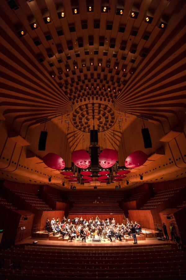 Sydney Symphony Orchestra testing the acoustics in the new Concert Hall at the Sydney Opera House. (Daniel Boud)