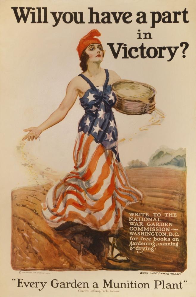 A wartime poster from 1918 encourages Americans to plant gardens. 'Victory gardens' were common in both world wars, offering wholesome, homegrown vegetables that provided both nutrition and bulk when other foods were in short supply. (Everett Collection/Shutterstock)