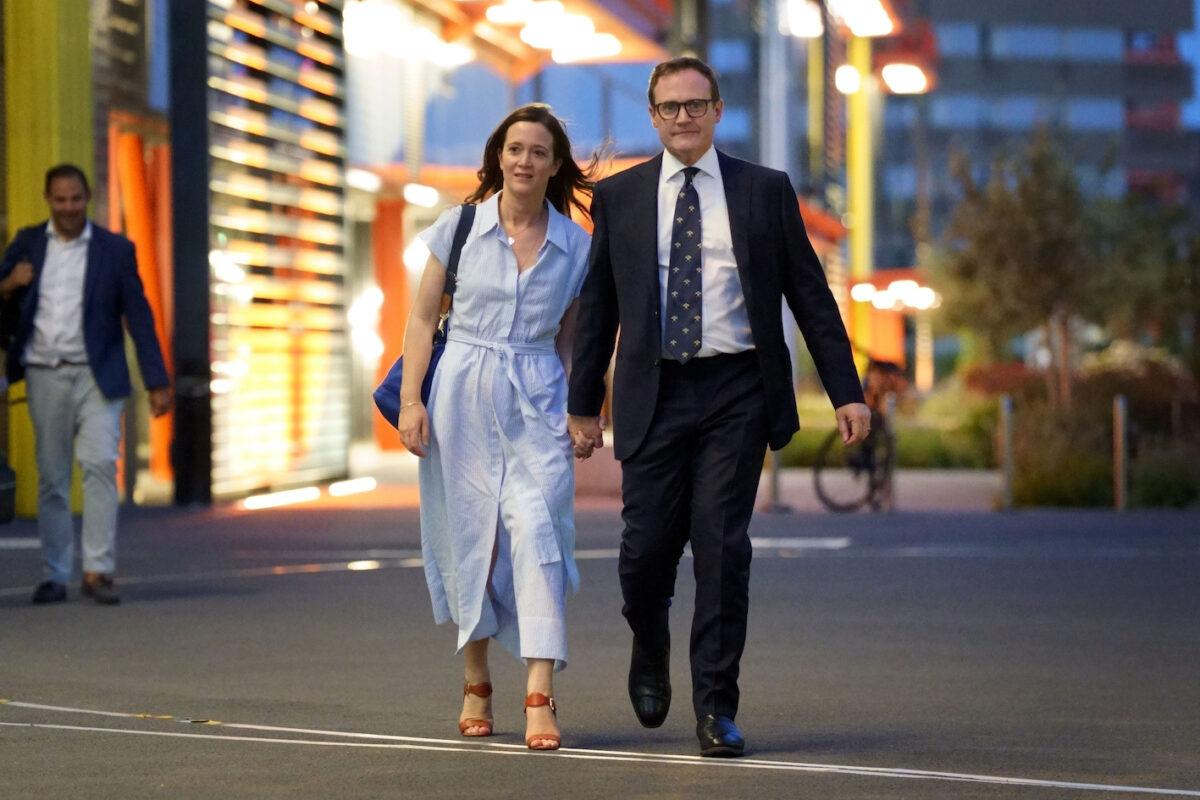 Tom Tugendhat with his wife Anissia Tugendhat leave the Here East studios in Stratford, east London, on July 15, 2022. (Victoria Jones/PA Media)