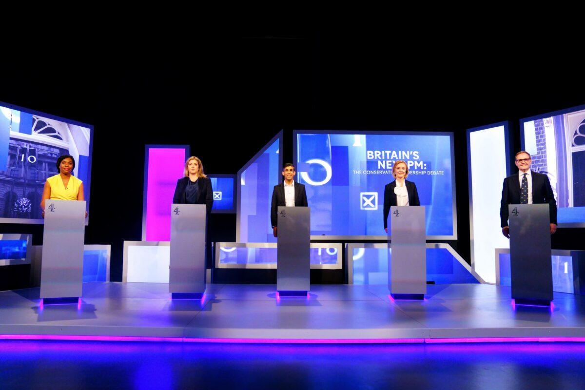 (L–R) Kemi Badenoch, Penny Mordaunt, Rishi Sunak, Liz Truss, and Tom Tugendhat at Here East studios in Stratford, east London, before the live television debate for the candidates for leadership of the Conservative Party, hosted by Channel 4, on July 15, 2022. (Victoria Jones/PA)